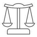 Scales thin line icon. Judgment balance, justice scale. Jurisprudence vector design concept, outline style pictogram on