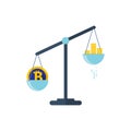 Scales with two bowls. On one side of the scale is money, on the second scale is bitcoin. Vector illustration Flat design