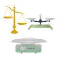 Scales of various shapes and purposes. Libra of Themis. Jewelry scales and medical scales for weighing babies. Vector Royalty Free Stock Photo