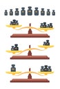 Scales with weights set. Measuring equipment of various sizes metal retro equipment for trade calibration in laboratory