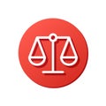 attorney account avatar, scales white line vector icon, red rounded button, justice symbol, weight balance, sign of law