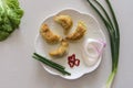 Scallion, four Chinese fried dumplings on white porcelain plate, top view, homemade gourmet snack