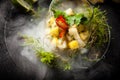 Scallop ceviche with mango, chilli and cilantro served with liquid ice smoke in a plate. Delicious healthy food closeup Royalty Free Stock Photo