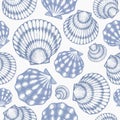 Scallop seamless pattern. Hand drawn vector seafood illustration. Engraved style seashell. Retro mollusk background. Pearl shell Royalty Free Stock Photo