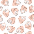 Scallop seamless pattern in line art style. Undersea background design of seashell. Vector illustration on a white Royalty Free Stock Photo