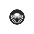 Scallop shell logo of round shape, shellfish delicacy silhouette in thin lines minimalist style, emblem for the menu of the