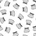 Scallop shell seamless vector pattern. Hand drawn simple doodle on white background. Closed sea mollusk. Seafood