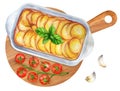 Scalloped potatoes in an enamel bowl watercolor