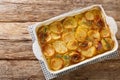 Scalloped potatoes, potato casserole with the addition of herbs, onion and garlic in a ceramic baking dish closeup. Horizontal top Royalty Free Stock Photo