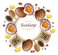 Scallops and caviar card Vector realistic seafood. Fresh shellfish. 3d detailed illustrations