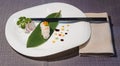Scallops with caviar nigiri on a bamboo leaf served Royalty Free Stock Photo