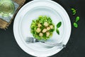 Scallops on minted pea risotto - top view