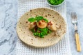 Scallops with minted peas