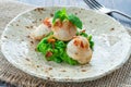 Scallops with minted peas