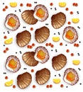 Scallops pattern Vector realistic seafood. Fresh shellfish. 3d detailed illustrations