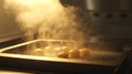 scallops searing in pan, soft steam rising, beach house light . Royalty Free Stock Photo