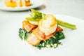 Scallops shell with bacon and asparagus Royalty Free Stock Photo