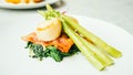 Scallops shell with bacon and asparagus Royalty Free Stock Photo