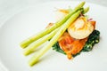 Scallops shell with bacon and asparagus Royalty Free Stock Photo