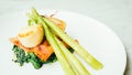 Scallops shell with bacon and asparagus Royalty Free Stock Photo