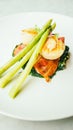 Scallops shell with bacon and asparagus Royalty Free Stock Photo