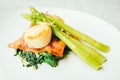 Scallops shell with bacon and asparagus Royalty Free Stock Photo