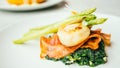 Scallops shell with bacon and asparagus Royalty Free Stock Photo