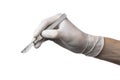 Scalpel in hand in glove on white background, isolated