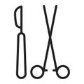 Scalpel and scissors black line icon. Surgeon cutting tools. Isolated vector element. Outline pictogram for web page, mobile app,