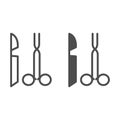 Scalpel and tweezers line and glyph icon. Two items of surgical instruments symbol, outline style pictogram on white Royalty Free Stock Photo