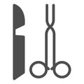 Scalpel and tweezers solid icon. Two items of surgical instruments symbol, glyph style pictogram on white background Royalty Free Stock Photo