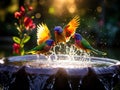 Ai Generated illustration Wildlife Concept of Scaly-breasted Lorikeet birds splashing in fountain in park