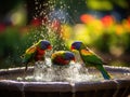 Ai Generated illustration Wildlife Concept of Scaly-breasted Lorikeet birds splashing in fountain in park