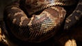 A scaly large reticulated python coiled up in a knot and waits for a victim. A beautiful pattern on the skin shimmers Royalty Free Stock Photo