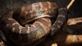 A scaly large reticulated python coiled up in a knot and waits for a victim. A beautiful pattern on the skin shimmers Royalty Free Stock Photo