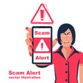 Scam alert. Frightened girl with a phone in hands. Vector flat. Royalty Free Stock Photo
