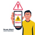 Scam alert. Frightened man with a phone in hands. Vector flat. Royalty Free Stock Photo