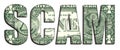 SCAM Concept Word 1 US Dollar Banknote Money Texture on White Background Royalty Free Stock Photo