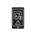 Scam dating on smartphone screen black glyph icon. Internet criminal, deception,fraud element. Sign for web page, mobile app. UI