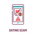Scam dating on smartphone screen color line icon. Internet criminal, deception,fraud element. Sign for web page, mobile app. UI UX