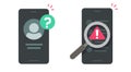 Scam fraud warning digital alert on mobile cell phone detect icon vector flat minimal graphic illustration set, unknown call cyber