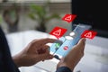 Scam or spam alert calls, Person receiving unknown scam alert call notification. Smartphone show danger signs of spam calls and