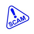Scam triangle sign blue for icon isolated on white, scam warning sign graphic for spam email message and error virus, scam alert