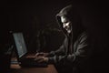 Scammer in front of a computer in anonymous mask, hacker. Generative AI