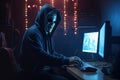 Scammer in front of a computer in anonymous mask, hacker. Generative AI