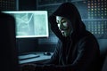 Scammer in front of a computer in anonymous mask, hacker. Generative AI