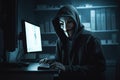 Scammer in front of a computer in anonymous mask, hacker. Generative AI