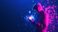 Scammer Holding Glowing Mobile Phone with Fragmented Low Poly Patterns on Dark Blue Background Royalty Free Stock Photo