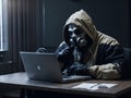 A scammer in a mask sits in front of a laptop.