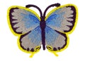 Scan of a butterfly made with a sewing machine yellow blue colors